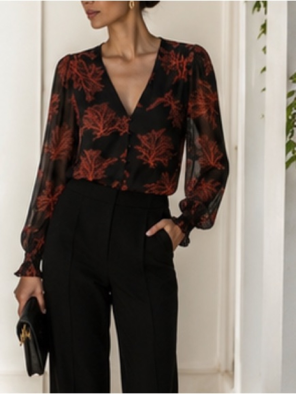 Karina Grimaldi Chelsea silk blouse black print balloon sleeve Size XS